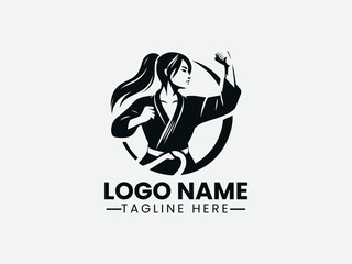female karateka silhouette in fighting stance. Martial arts logo concept
