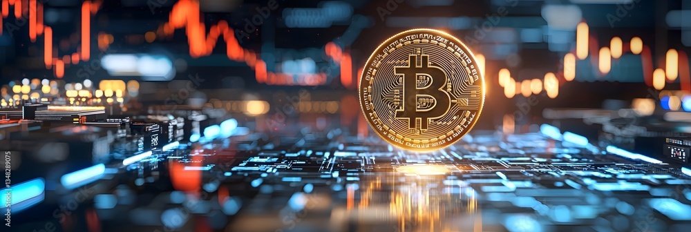 Poster glowing golden bitcoin coin floating amidst a high tech digital trading landscape with circuits data