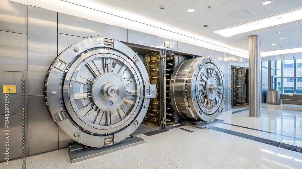 Aufkleber imposing interior of a secure bank vault with large circular metal doors reinforced walls and advanc