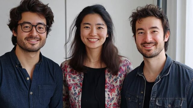 Harmonious Trio: A portrait of three smiling individuals, exuding positivity and representing a diverse collaboration.