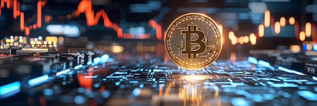Glowing golden Bitcoin coin floating amidst a high tech digital trading landscape with circuits data and financial charts