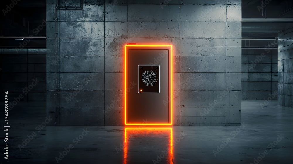 Poster imposing high tech vault door with a futuristic biometric access control system glowing in the dim i