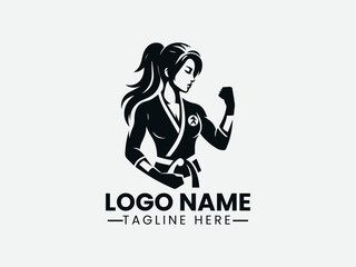 female karateka silhouette in fighting stance. Martial arts logo concept