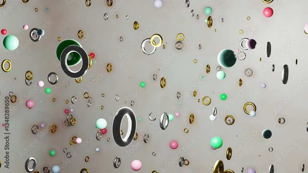 Aufkleber rotation inside a gray cube with multi-colored spheres and gold and silver rings. 3d render looped a