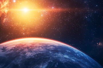 A digital image of a sunrise over Earth from space, capturing a cosmic and futuristic feel. Perfect for sci-fi and conceptual visuals.