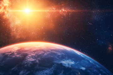 Fototapeta premium A digital image of a sunrise over Earth from space, capturing a cosmic and futuristic feel. Perfect for sci-fi and conceptual visuals.