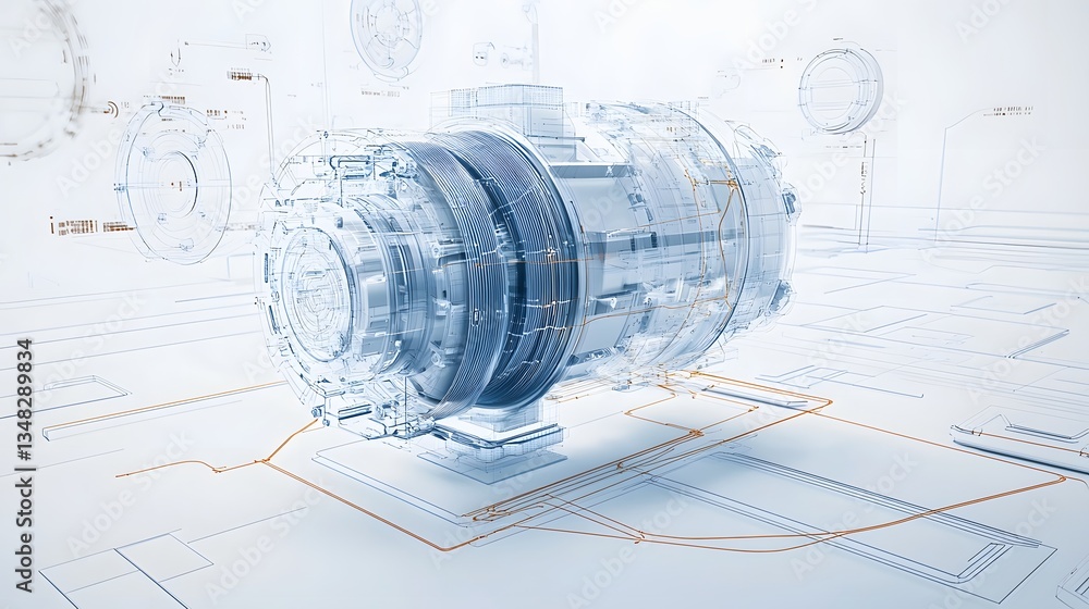 Poster intricate 3d visualization of an industrial electric motor showcasing the complex system of magnetic
