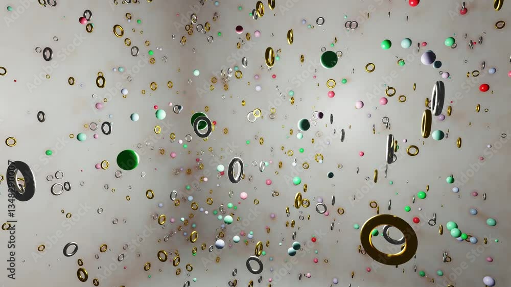 Aufkleber rotation inside a gray cube with multi-colored spheres and gold and silver rings. 3d render looped a