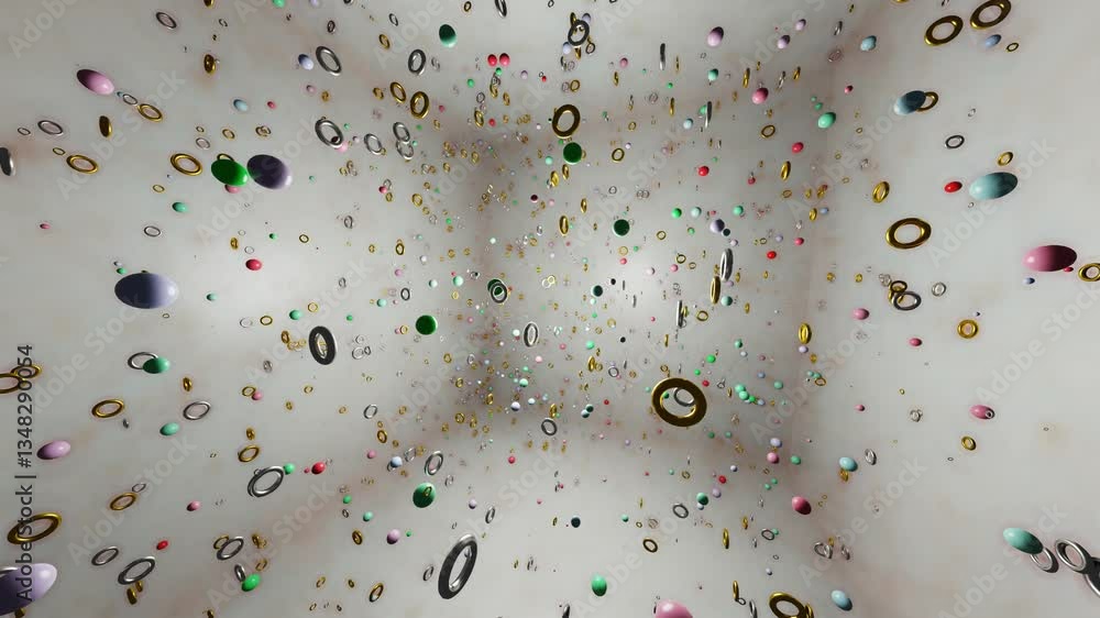 Poster rotation inside a gray cube with multi-colored spheres and gold and silver rings. 3d render looped a