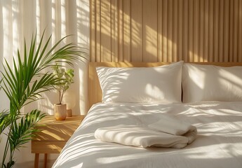 Sunny Bedroom White Linen Bedding and Wooden Bed