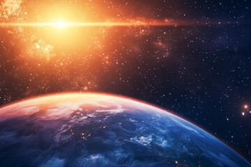 Obraz premium A digital image of a sunrise over Earth from space, capturing a cosmic and futuristic feel. Perfect for sci-fi and conceptual visuals.