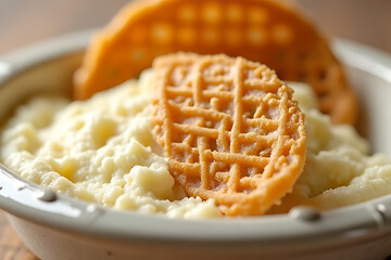 Delicious waffles with creamy mashed potatoes kitchen food photography cozy indoor setting