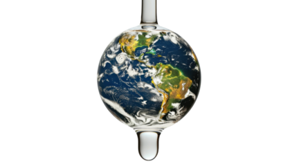 Planet earth inside a drop of water with transparent background