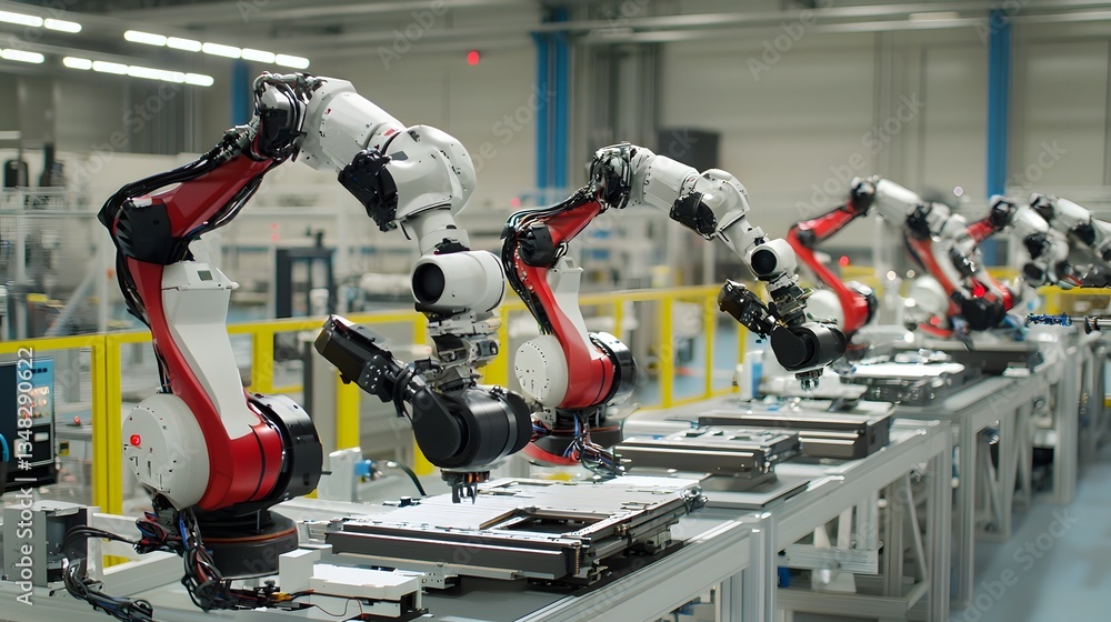 Poster Multiple robotic arms working in sync to automate industrial manufacturing processes in a high tech factory environment