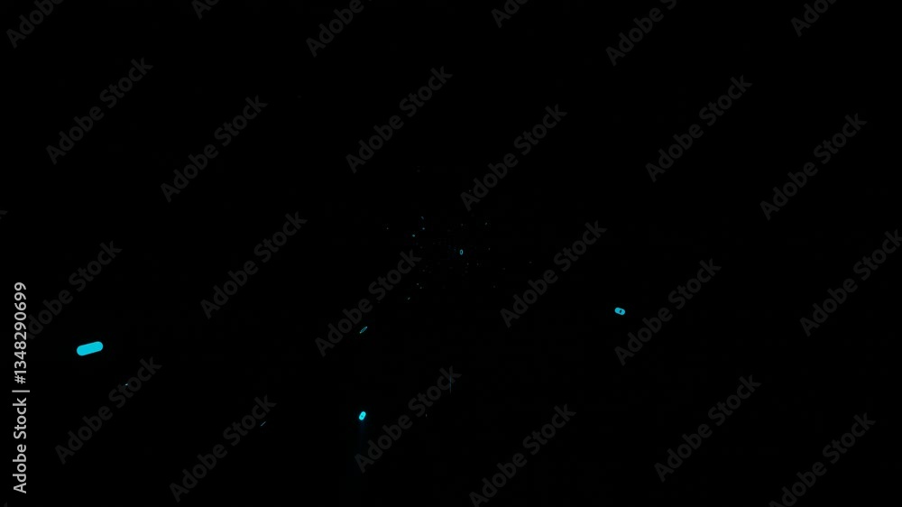 Poster endless forward movement through blue flashing rings on black background. 3d render looped animation