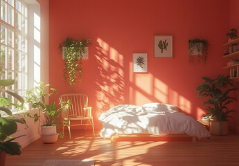 Sunny Bedroom with Coral Walls, Plants and Wooden Floor