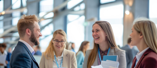 Employees at the Job fair exhibition event express joy and appreciation while talking with a dealer about recruitment opportunities and career growth.
