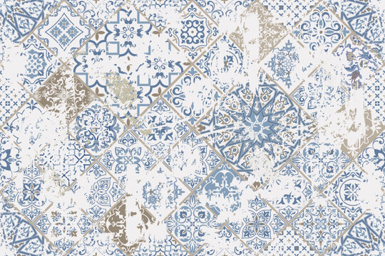 Seamless vintage rug with an effect of attrition. Damask carpet. Hand drawn seamless abstract pattern with eastern motifs. vector illustration