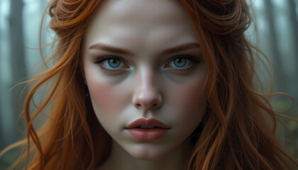 Fototapeta premium Golden Curly Hair and Freckles: A Captivating Portrait