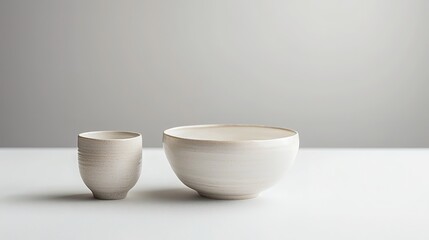 Two ceramic bowls of different sizes sit on a white surface