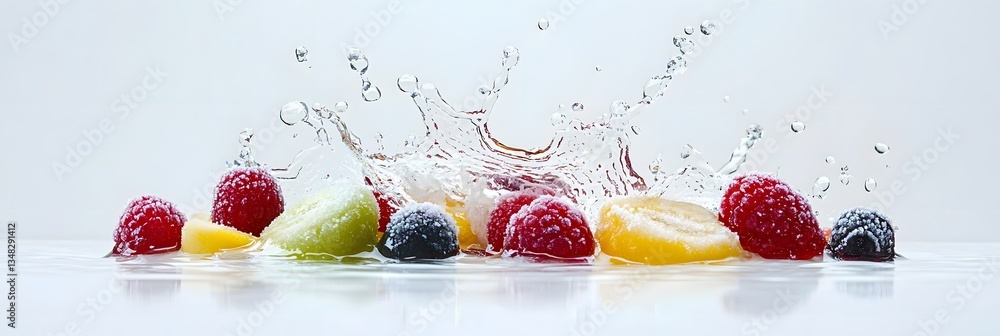 Poster Playful splash of water with a vibrant array of frozen fruit slices including berries and citrus creating a refreshing and natural background
