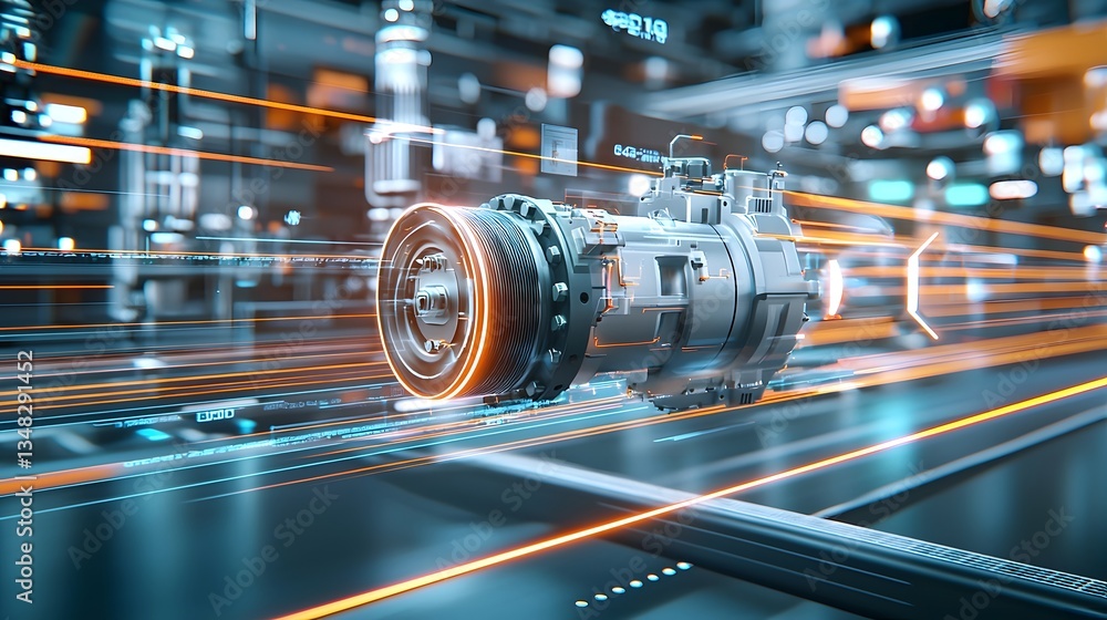 Poster powerful electric motor with a blurred high speed rotation effect symbolizing advanced industrial an