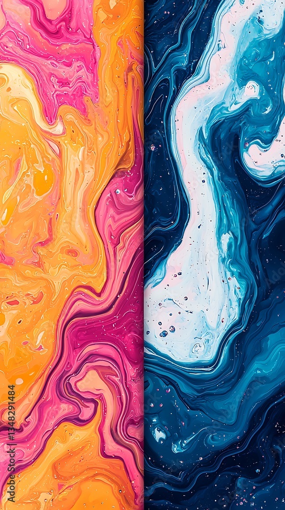 Poster a vibrant abstract image featuring swirling patterns in hues of pink, orange, blue, and navy, creati