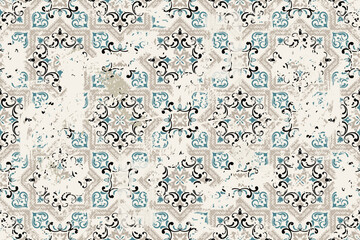 Seamless vintage rug with an effect of attrition. Damask carpet. Hand drawn seamless abstract pattern with eastern motifs. vector illustration