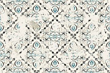 Seamless vintage rug with an effect of attrition. Damask carpet. Hand drawn seamless abstract pattern with eastern motifs. vector illustration