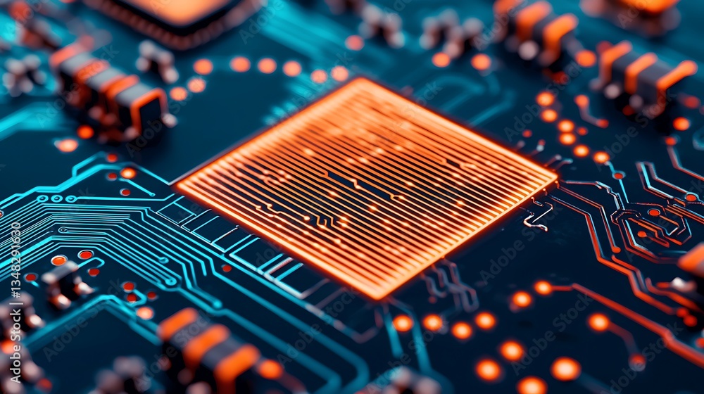 Poster a close-up of a vibrant, detailed microprocessor on a circuit board, showcasing intricate connection
