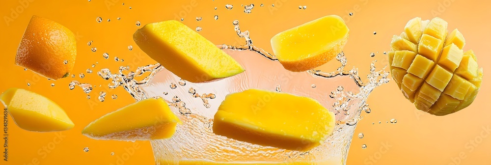 Poster Refreshing background featuring a vibrant splash of orange juice with floating mango lemon and other citrus fruit slices