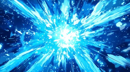 A stunning explosion with a sunburst pattern, deep blue and cyan energy waves, anime-style comic illustration, crisp outlines, cel shading, manga impact effects, powerful contrast, cinematic burst