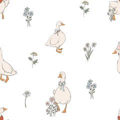 Hand draw cute Easter seamless pattern with pastel flowers, spring floral, bunny, bow, goose, isolated on white background