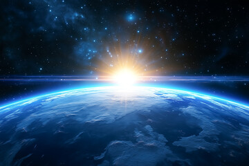 A digital image of a sunrise over Earth from space, capturing a cosmic and futuristic feel. Perfect for sci-fi and conceptual visuals.