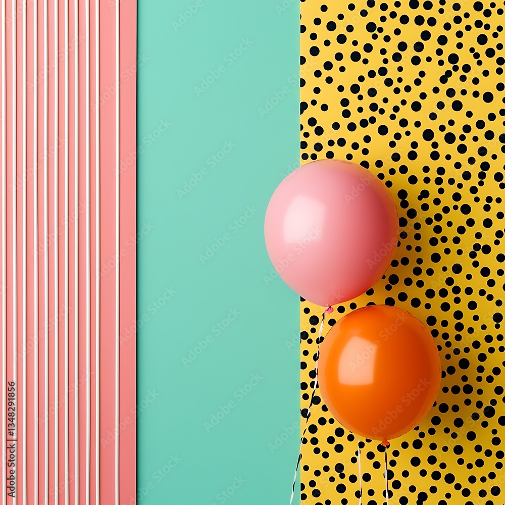 Poster a vibrant composition featuring colorful balloons against a playful backdrop of patterned and solid 