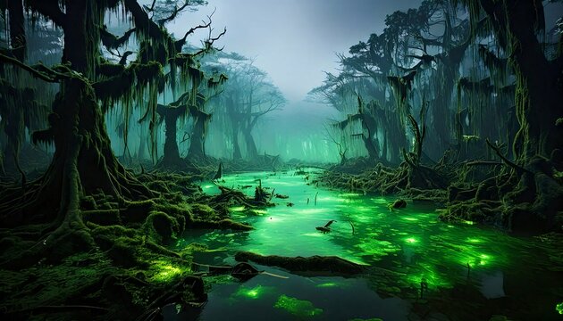 A deadly swamp with glowing green toxic water