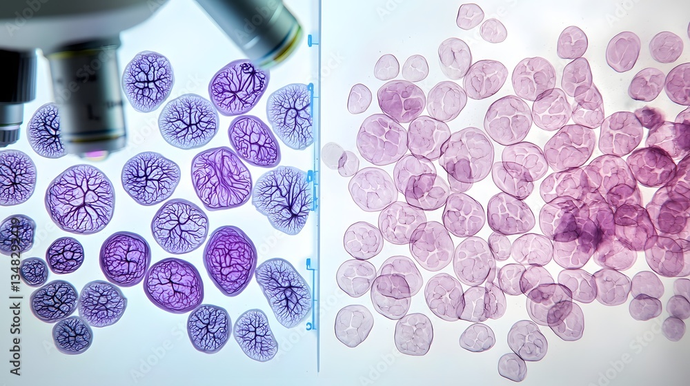 Poster Side by side comparison of the microscopic structures of healthy muscle tissue and fatty tissue highlighting the distinct cellular patterns and compositions
