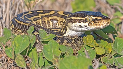 Fototapeta premium A snake coiled in foliage