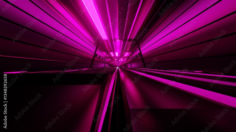 Poster endless forward movement inside a fantasy tunnel with purple lighting. 3d render looped animation