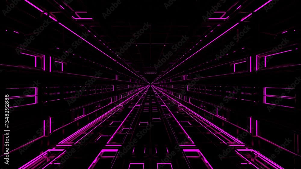 Poster endless forward movement inside a tunnel made of purple wireframe on a black background. 3d render l