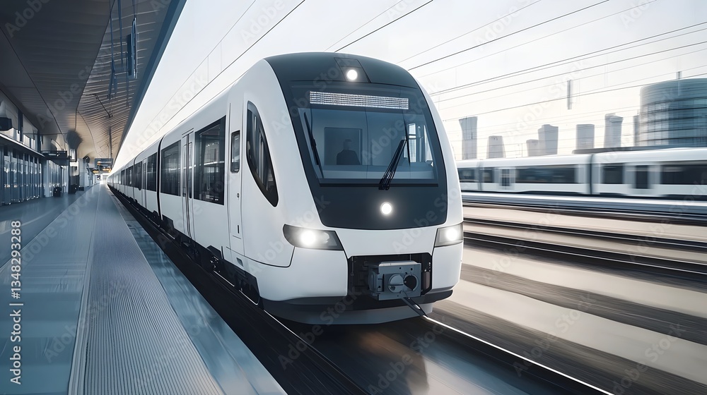 Fototapete Sleek modern high speed train equipped with radar sensors to detect obstacles and prevent collisions enabling safe and seamless travel experiences in an urban setting