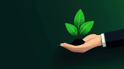 Hand Holding a Young Plant Against Dark Green Background