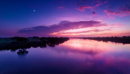 Fototapeta premium dreamy purple sky twilight background and sunlight with copy space reflections in the river