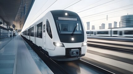 Sleek modern high speed train equipped with radar sensors to detect obstacles and prevent collisions enabling safe and seamless travel experiences in an urban setting