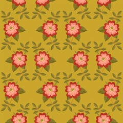 seamless drawing of rosehip flower, wild rose with leaves and buds on mustard color