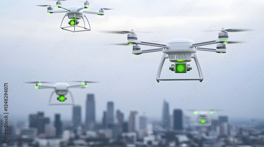 Leinwandbilder Swarms of futuristic drones equipped with Lidar sensors autonomously navigating the skyline of a modern high tech urban landscape
