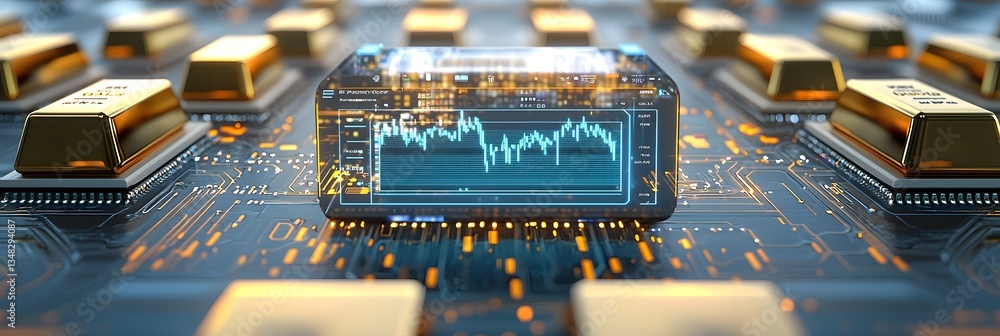 Poster surreal background featuring a futuristic holographic trading interface with dynamic charts and disp