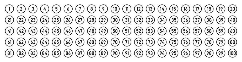 Set of 1 to 100 numbers simple design. Typography set of rounds 1 to 100 Numbers. Bullet point number collection. Numeral typographic outline and flat icons set. Isolated vector illustration.