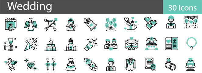 Wedding Line Icons Collection. Marriage, Ceremony, Love, and Celebration Symbols. Editable Stroke, Vector Illustration.
