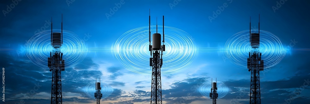 Aufkleber towering antenna structures emitting pulsing radio waves against a vibrant nighttime sky symbolizing